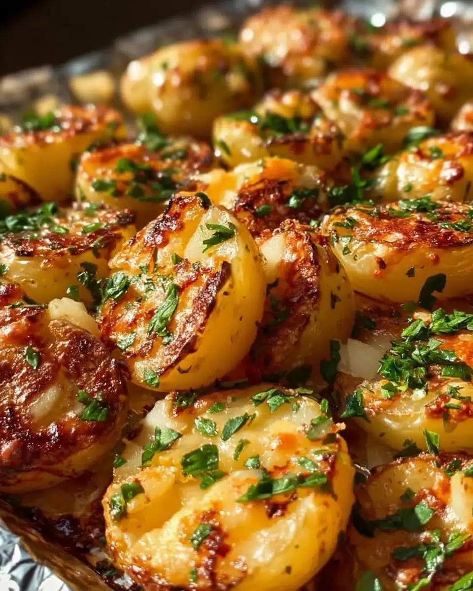 Delicious grilled cheesy garlic potatoes served hot and ready to enjoy.