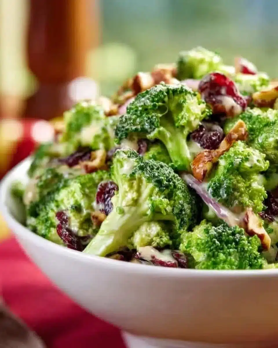 Bowl of vibrant broccoli salad, garnished with colorful vegetables for summer cookouts