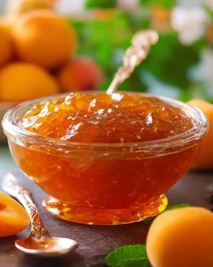 Jars of homemade apricot jam with fresh apricots and ingredients on a rustic table