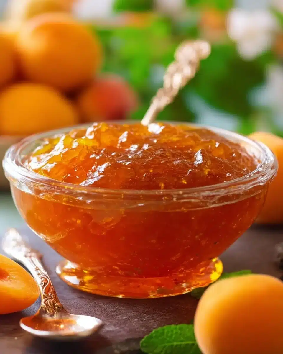 Jars of homemade apricot jam with fresh apricots and ingredients on a rustic table
