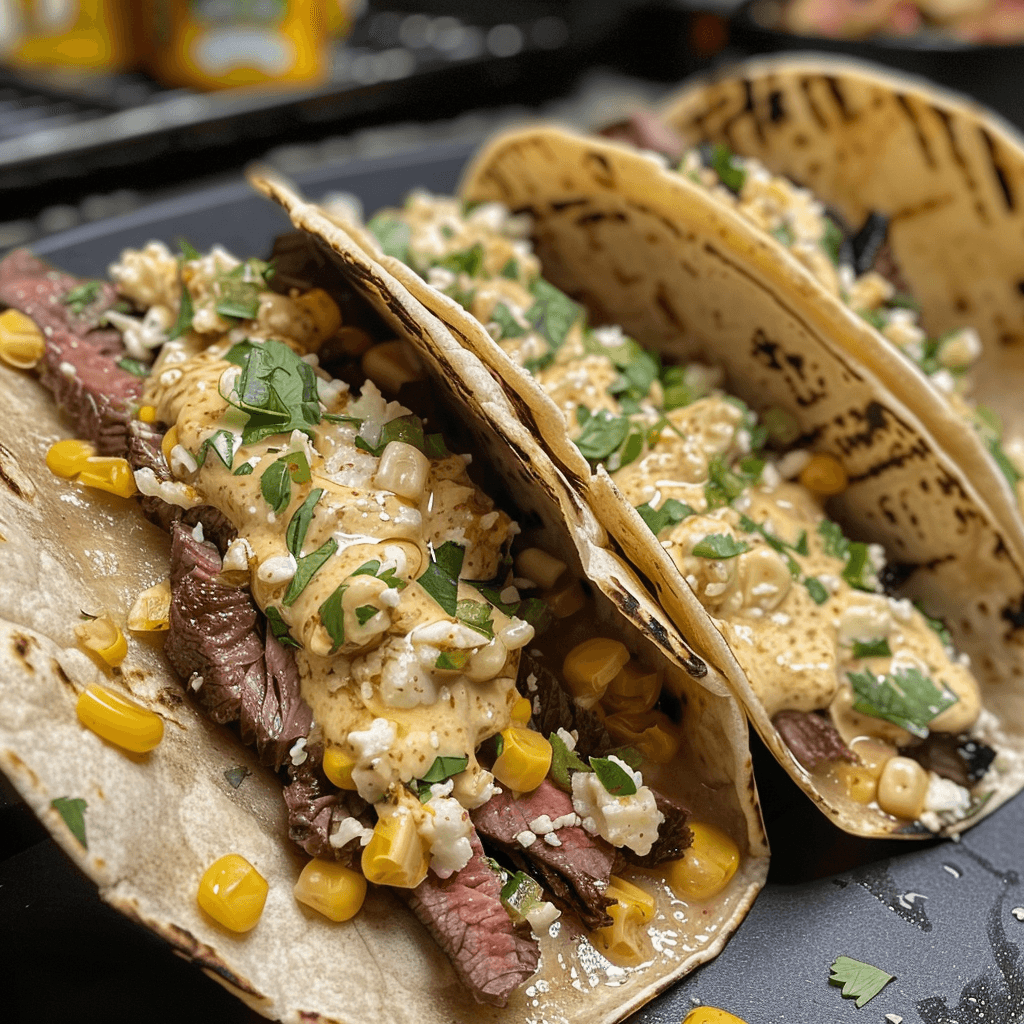 Steak Elote Tacos Recipe with Grilled Corn and Cotija