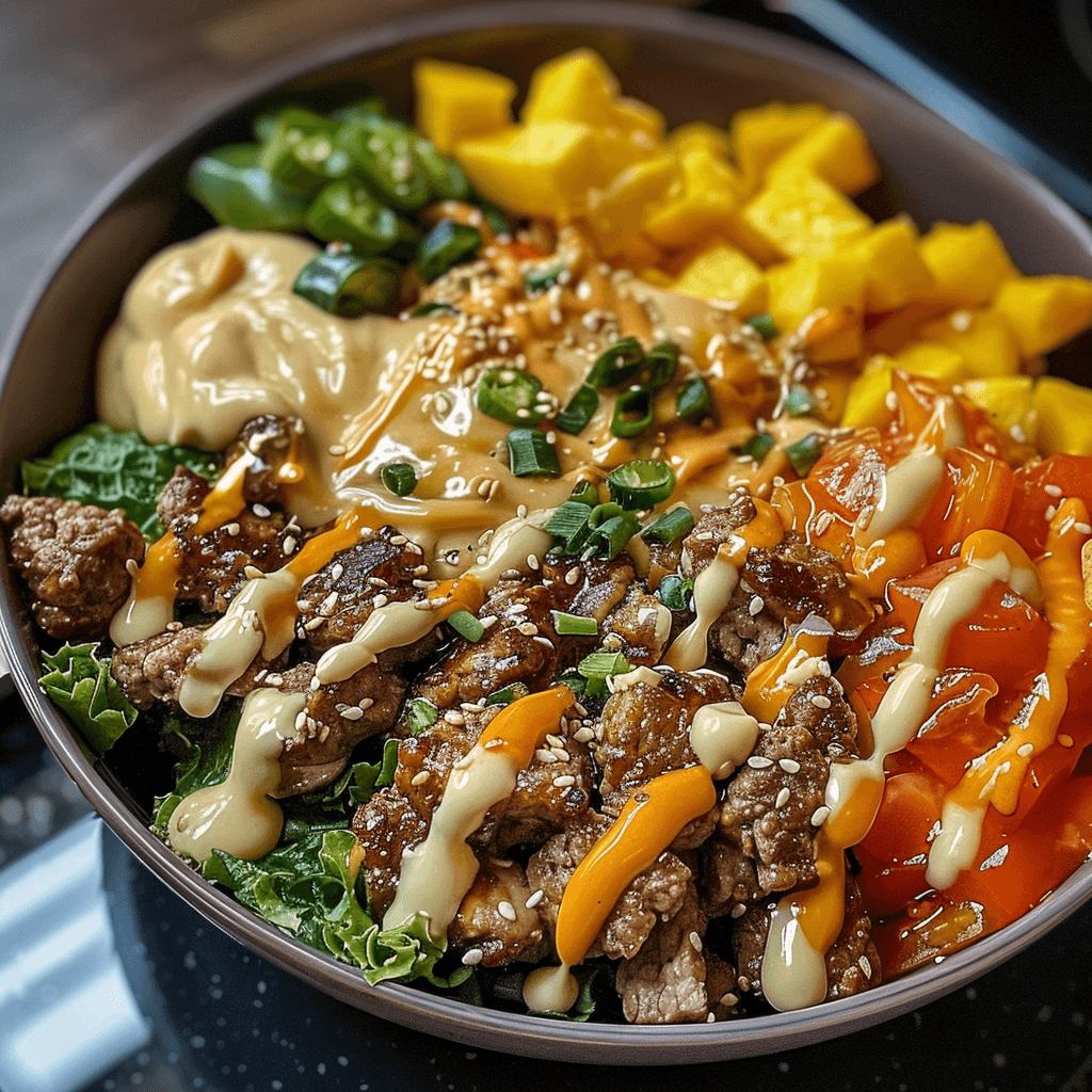 SMASH BURGER BOWL Recipe with Caramelized Onions and Zesty Sauce