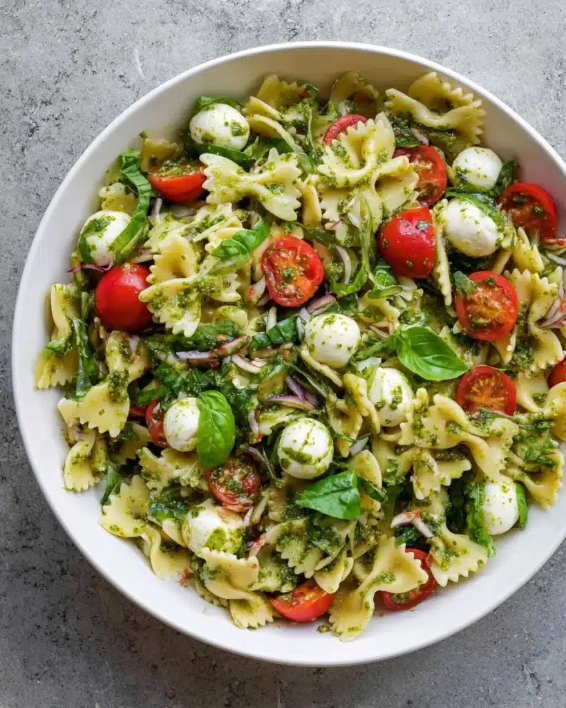 Italian Bow Tie Pasta Salad with vibrant vegetables and dressing