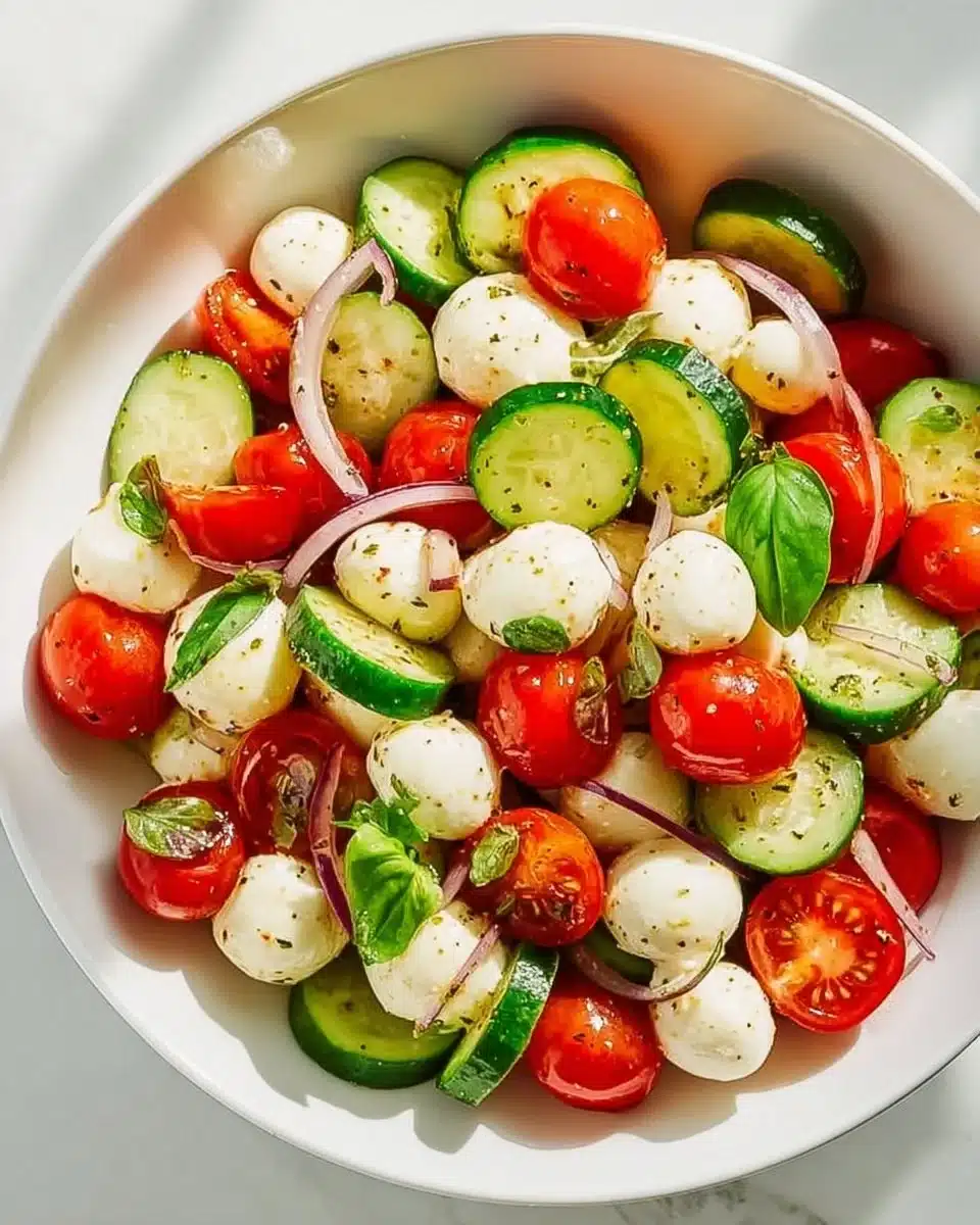Fresh Juicy Cucumber Caprese Salad with tomatoes and mozzarella