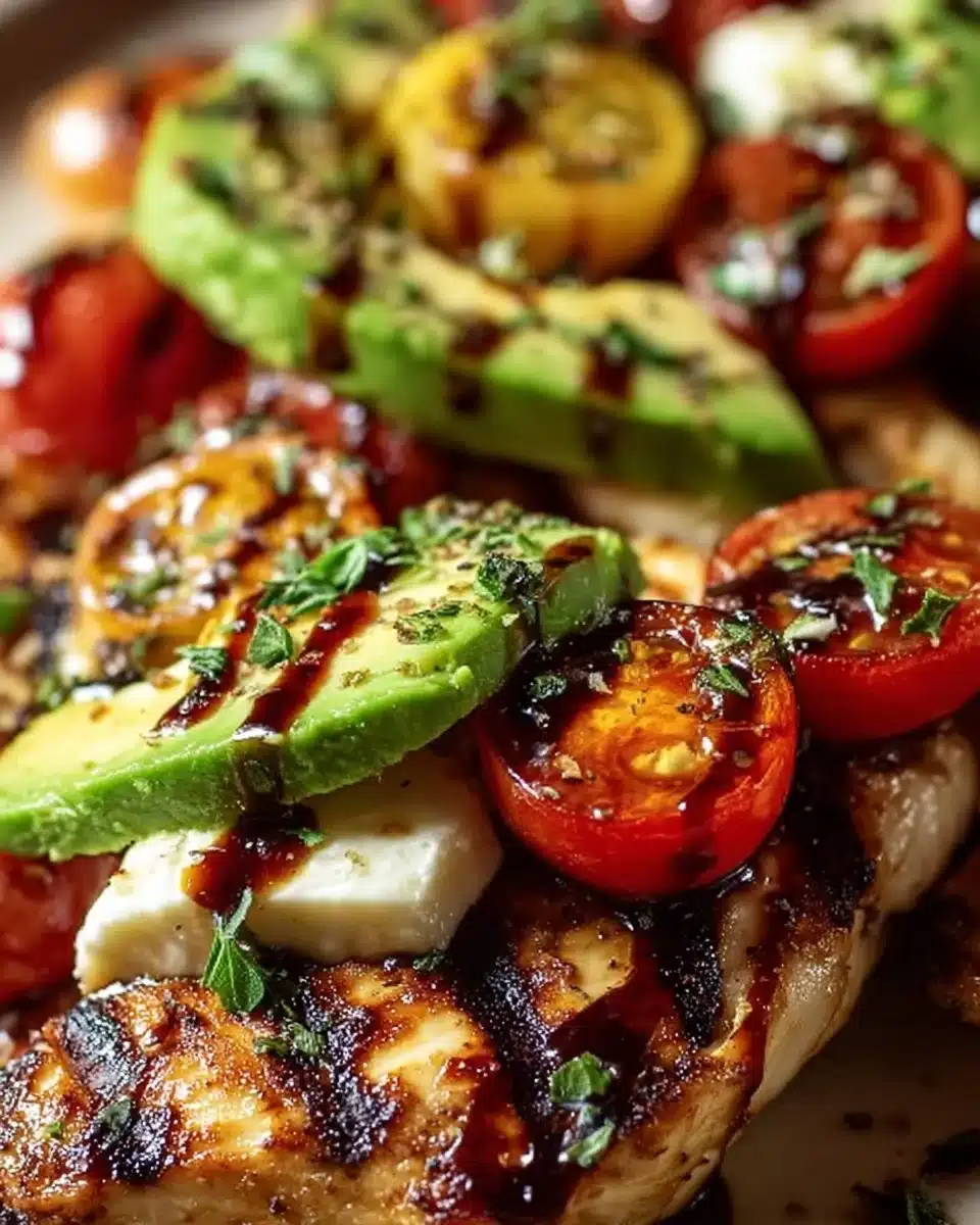 Juicy grilled California avocado chicken served with fresh vegetables