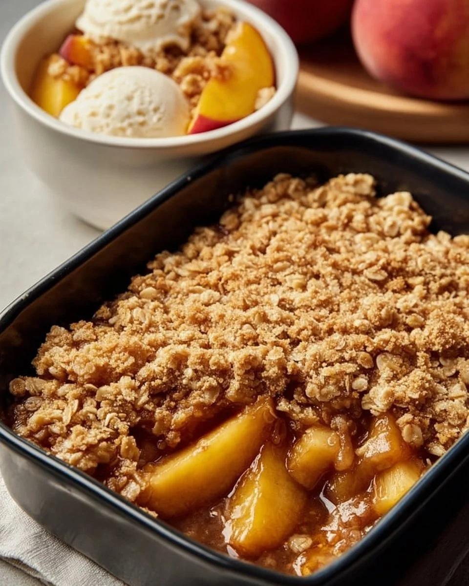 Juicy peach crisp topped with crunchy oatmeal, fresh peaches, and served warm.