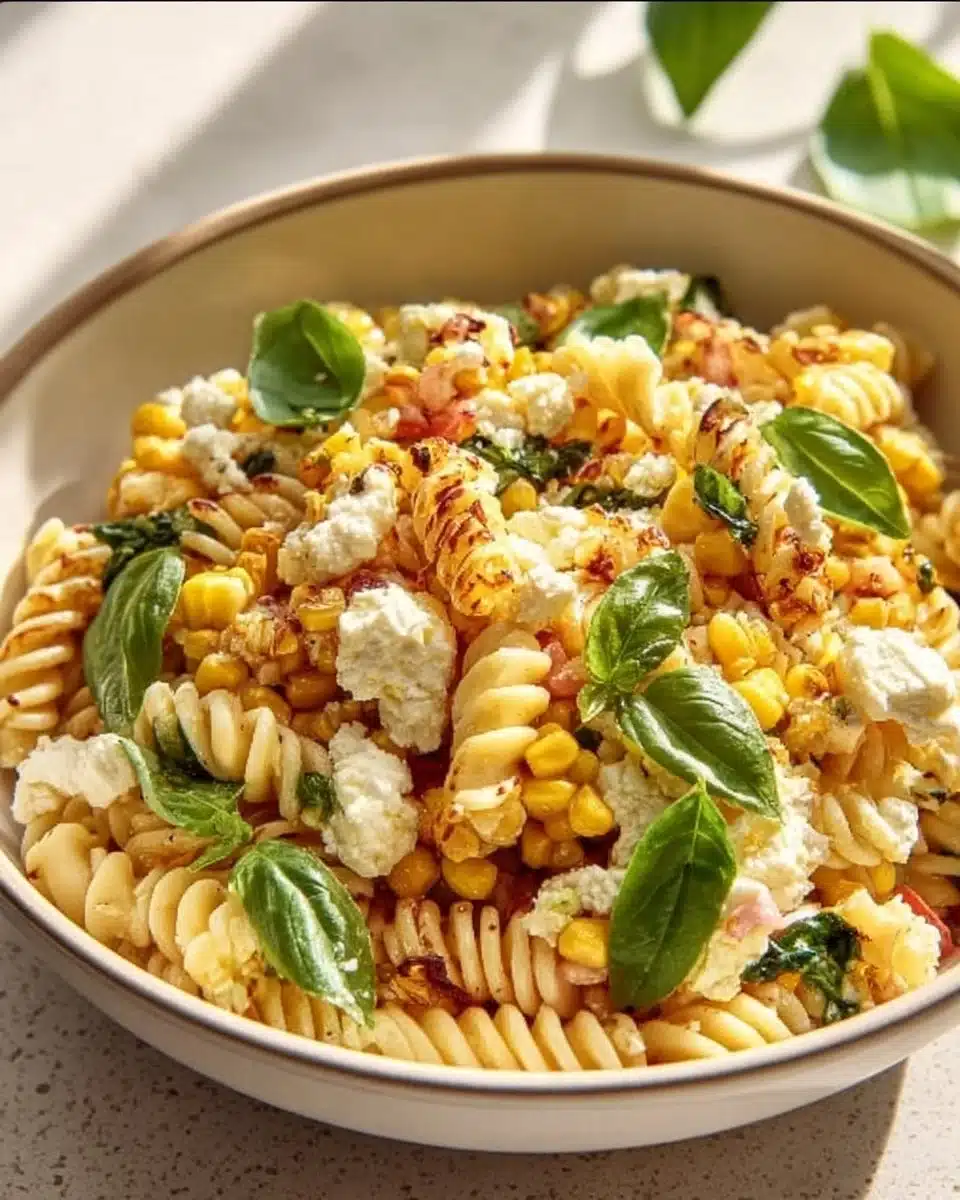 Delicious Juicy Street Corn Pasta Salad served in a bowl with fresh herbs.