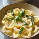 Delicious bowl of Lemon Ricotta Pasta garnished with lemon and herbs