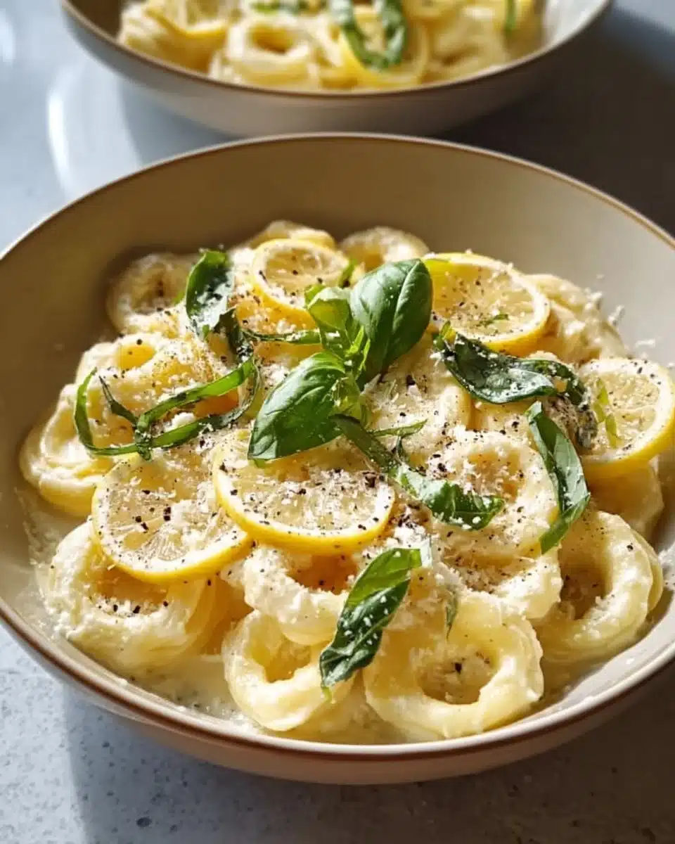 Delicious bowl of Lemon Ricotta Pasta garnished with lemon and herbs