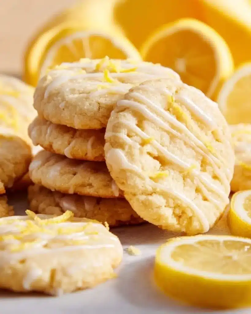 Plate of freshly baked lemon sugar cookies with a sprinkle of powdered sugar