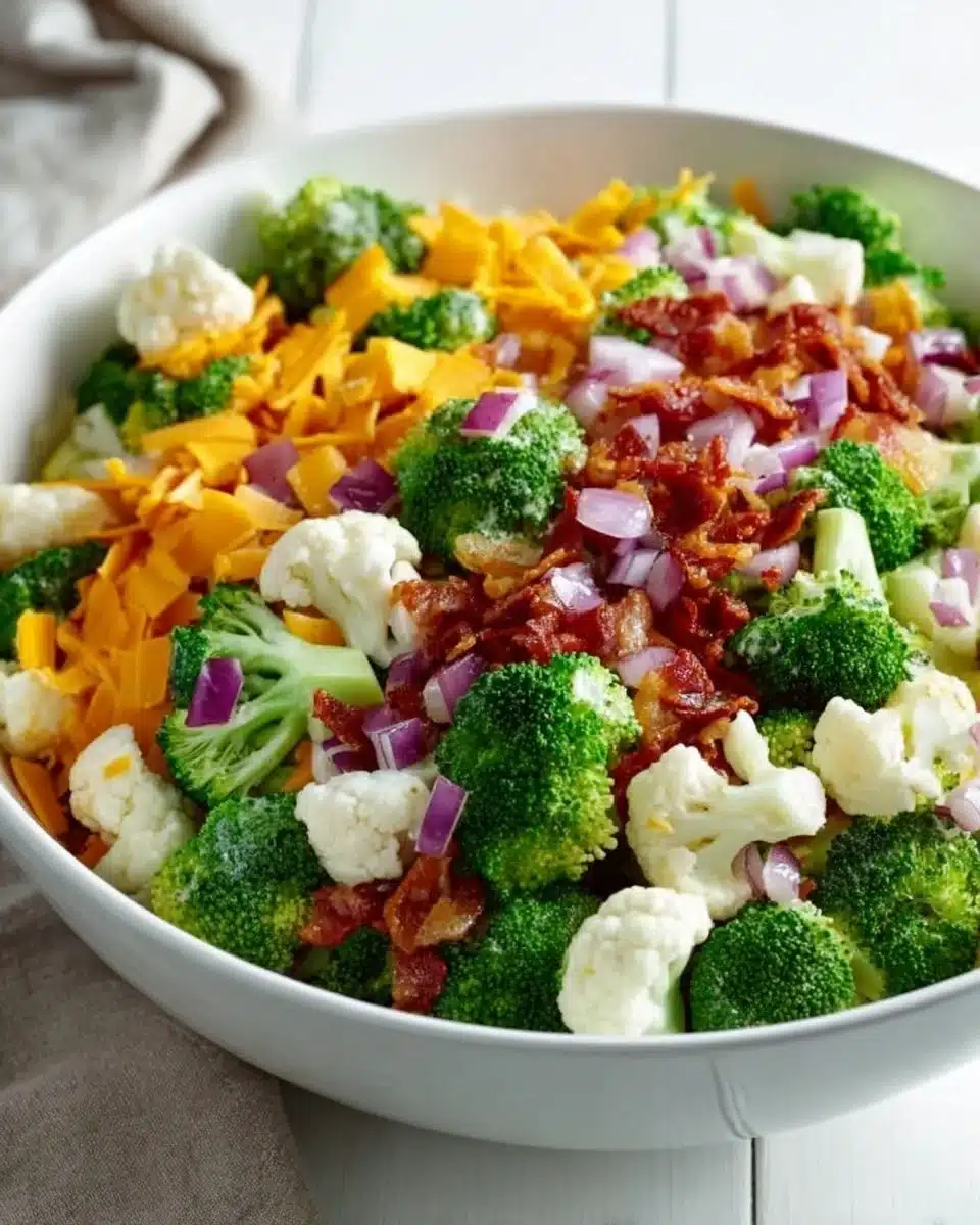 Loaded broccoli salad with colorful veggies and dressing in a bowl