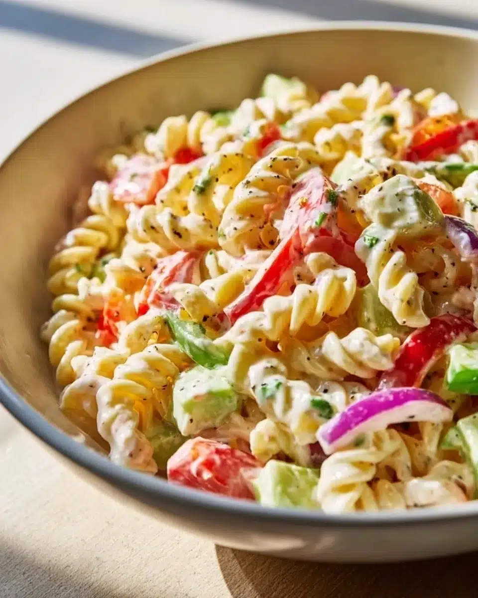 Delicious creamy macaroni salad in a bowl, garnished with herbs.