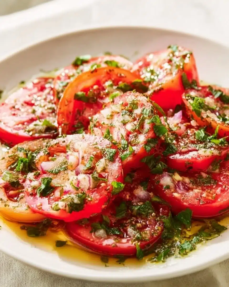 Fresh marinated tomatoes with herbs and spices in a bowl