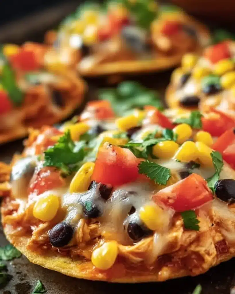 Delicious Mexican rotisserie chicken tostadas topped with fresh ingredients