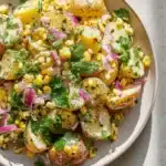 Bowl of Mexican Street Corn Potato Salad topped with fresh cilantro and lime.