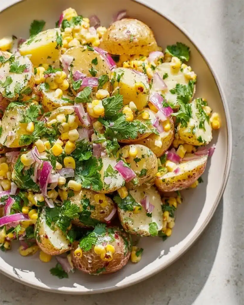 Bowl of Mexican Street Corn Potato Salad topped with fresh cilantro and lime.