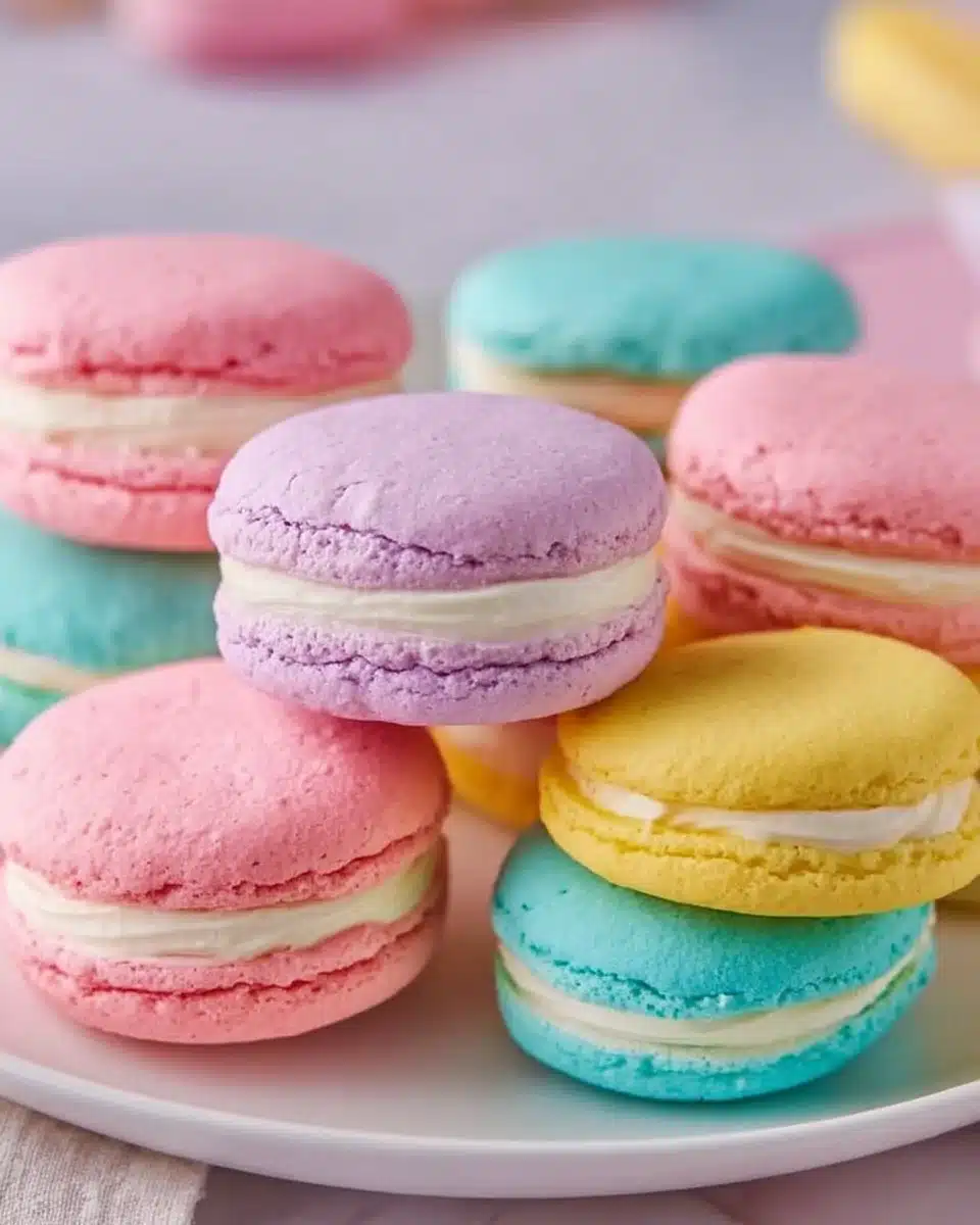 Colorful pastel sugar cookie sandwiches filled with creamy frosting