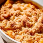 Delicious homemade peach cobbler dessert with fresh peaches and golden crust.