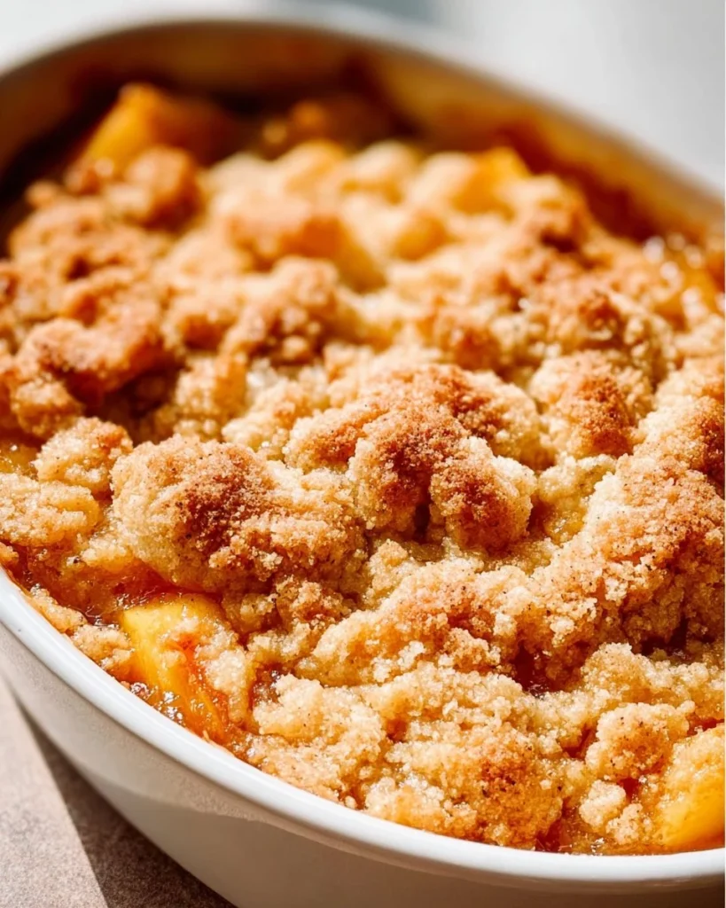 Delicious homemade peach cobbler dessert with fresh peaches and golden crust.