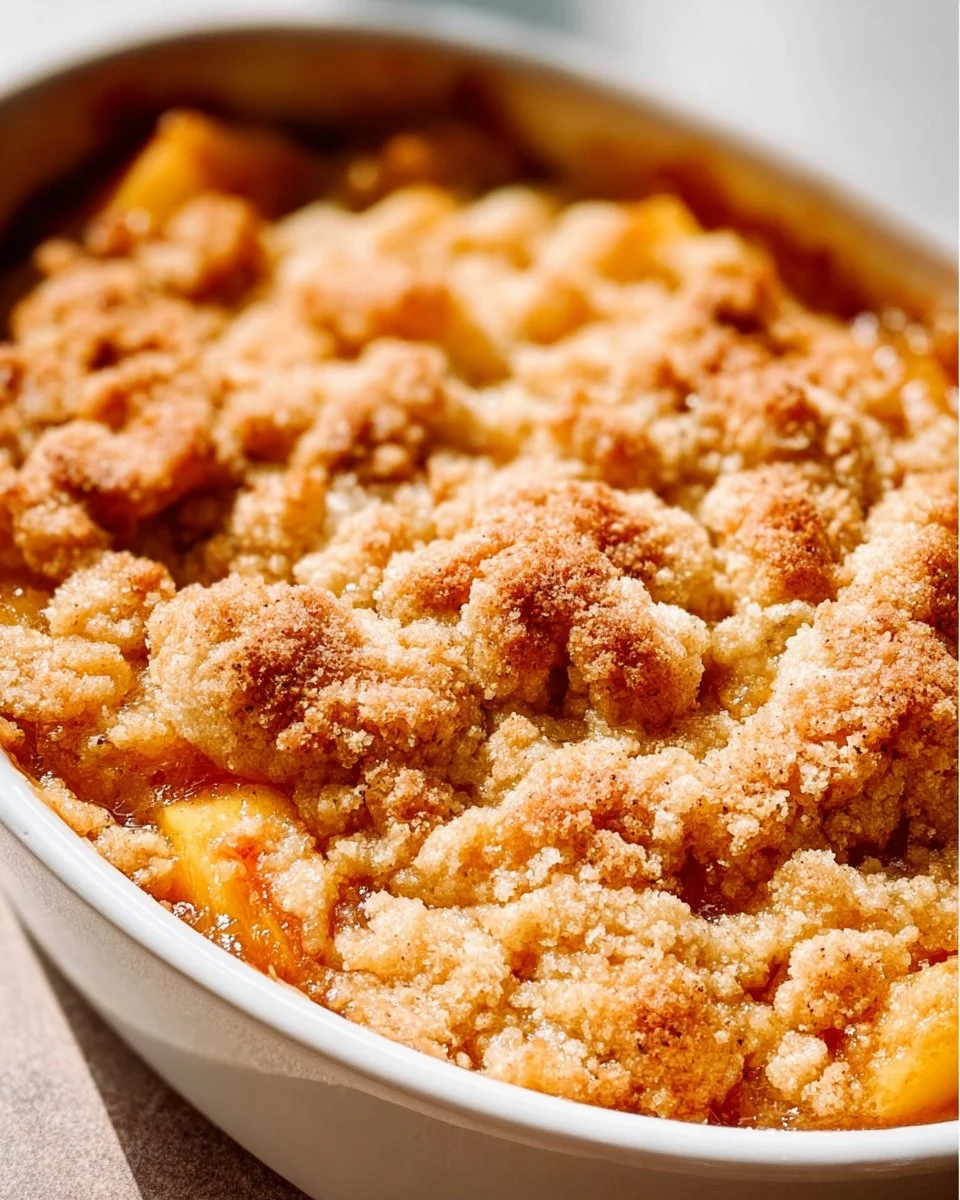 Delicious homemade peach cobbler dessert with fresh peaches and golden crust.