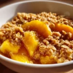 Delicious homemade Peach Crisp dessert topped with a buttery crumble.