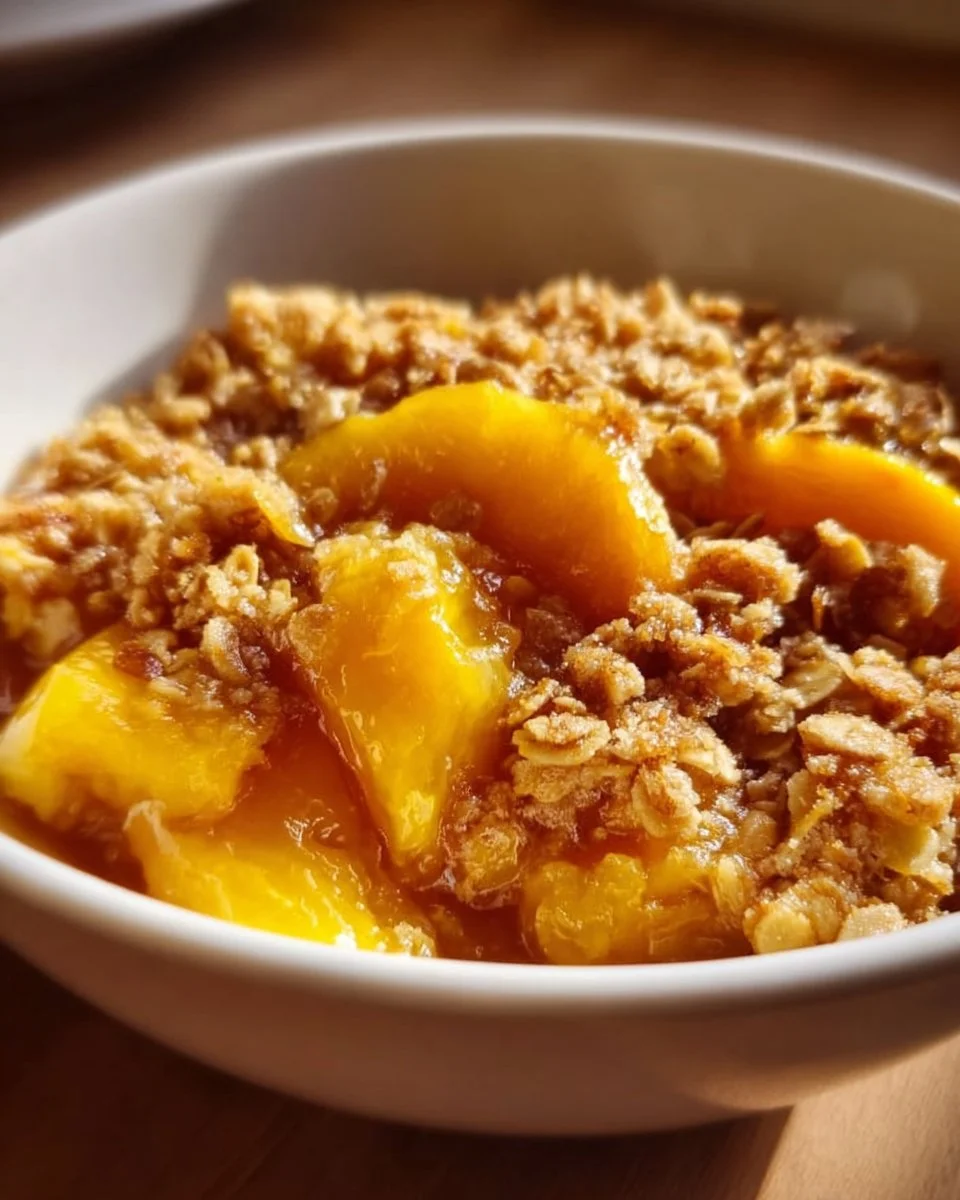 Delicious homemade Peach Crisp dessert topped with a buttery crumble.