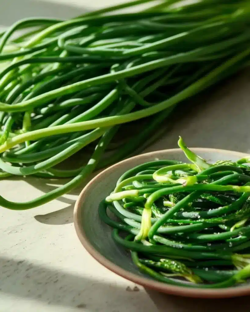A plate of perfectly roasted garlic scapes, garnished and ready to serve.