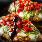 Delicious Pesto Bruschetta Chicken topped with fresh basil and tomatoes