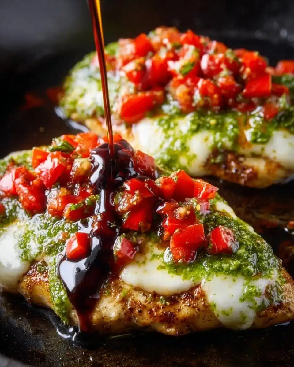 Delicious Pesto Bruschetta Chicken topped with fresh basil and tomatoes