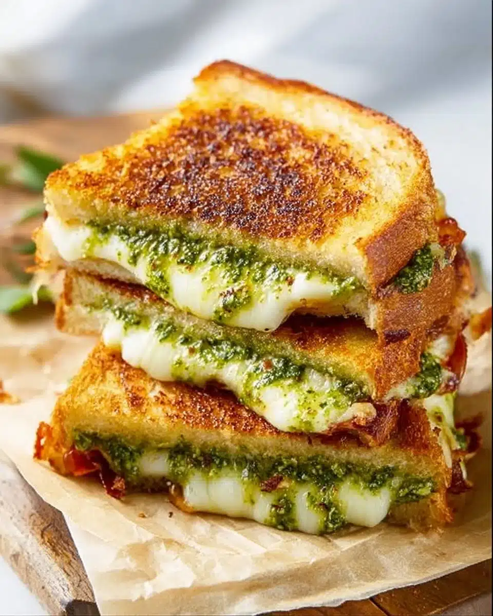 Delicious pesto grilled cheese sandwich with melty cheese and fresh basil