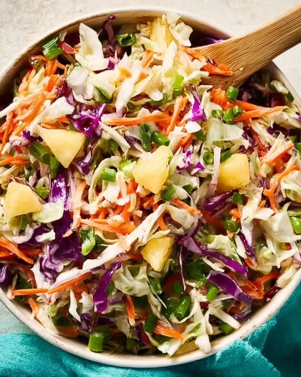 Bowl of vibrant pineapple coleslaw with fresh ingredients