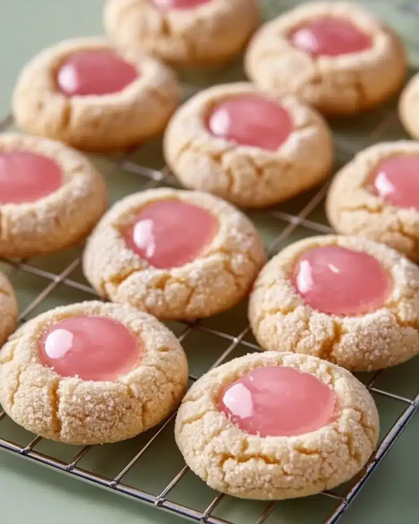 Pink lemonade thumbprint cookies topped with lemon icing and pink sprinkles