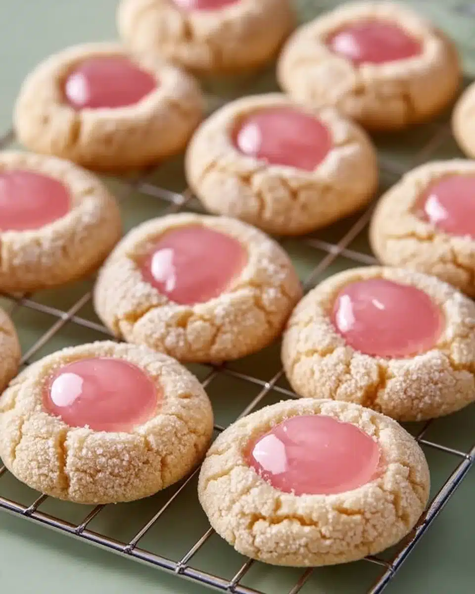 Pink lemonade thumbprint cookies topped with lemon icing and pink sprinkles
