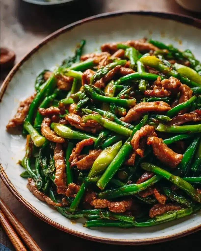 Delicious Pork Stir-Fry with garlic scapes cooked in a vibrant dish