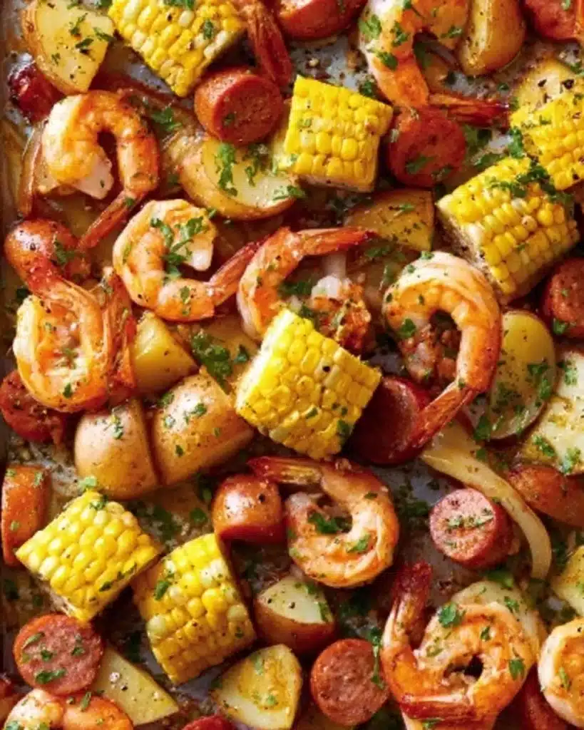 Delicious sheet pan shrimp boil with shrimp, potatoes, and corn on a baking tray.