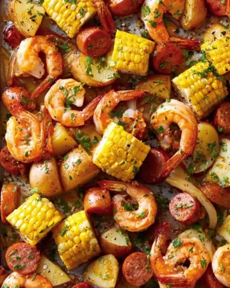 Delicious sheet pan shrimp boil with shrimp, potatoes, and corn on a baking tray.