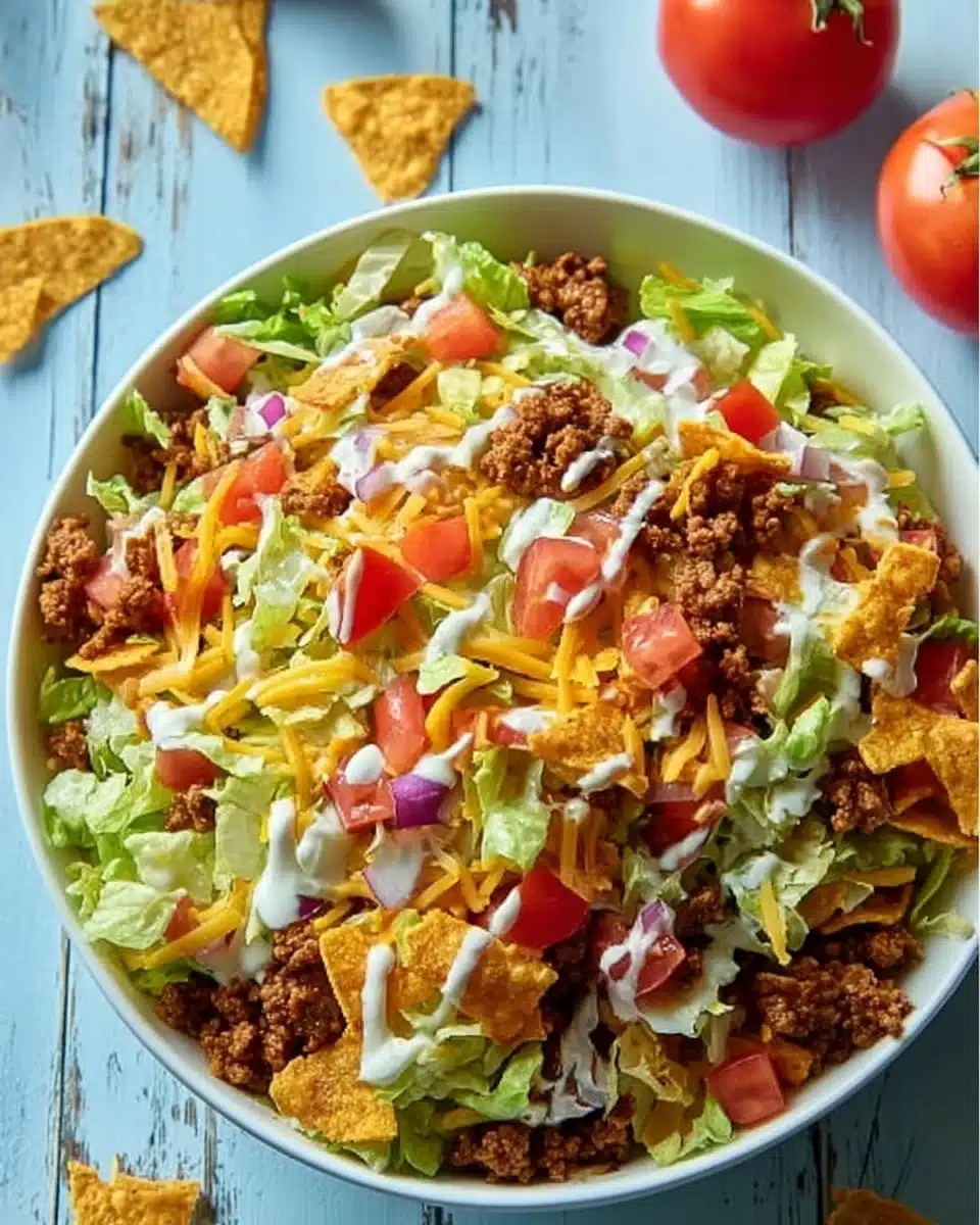 A vibrant bowl of simple Doritos Taco Salad with colorful toppings.