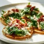 Smash Chicken Caesar Tacos topped with creamy dressing and fresh greens
