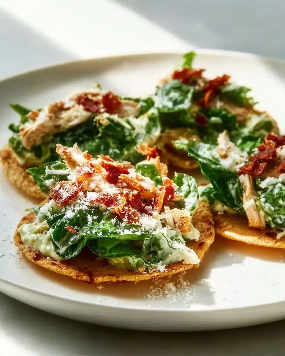 Smash Chicken Caesar Tacos topped with creamy dressing and fresh greens