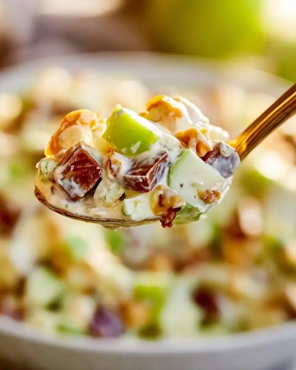 Delicious Snicker Apple Salad with apples, Snickers, and whipped cream topping.