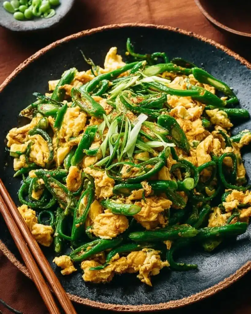 Stir-fried garlic scape with eggs served on a plate.