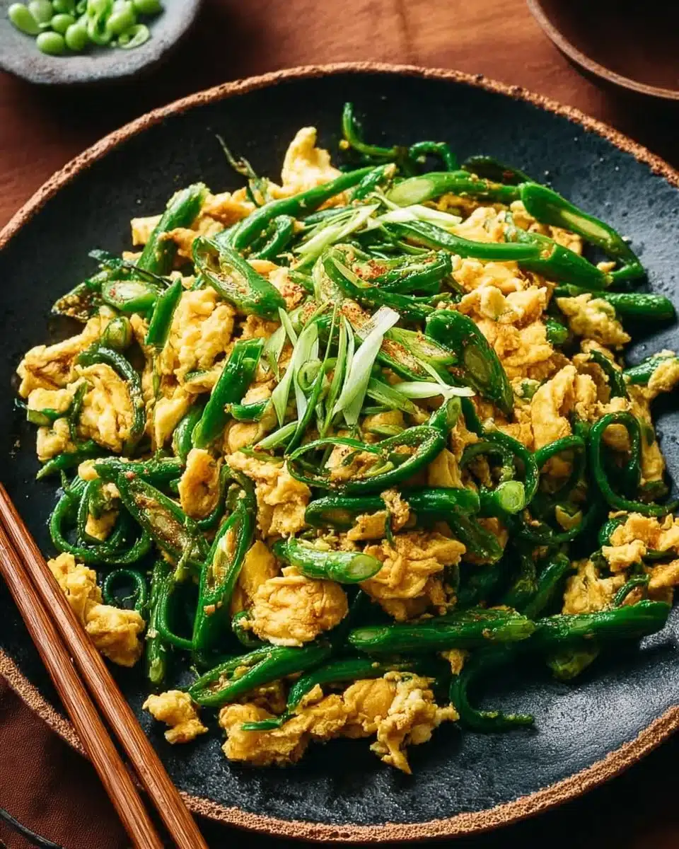 Stir-fried garlic scape with eggs served on a plate.