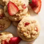 Delicious homemade strawberry shortcake cookies with fresh strawberries and whipped cream.
