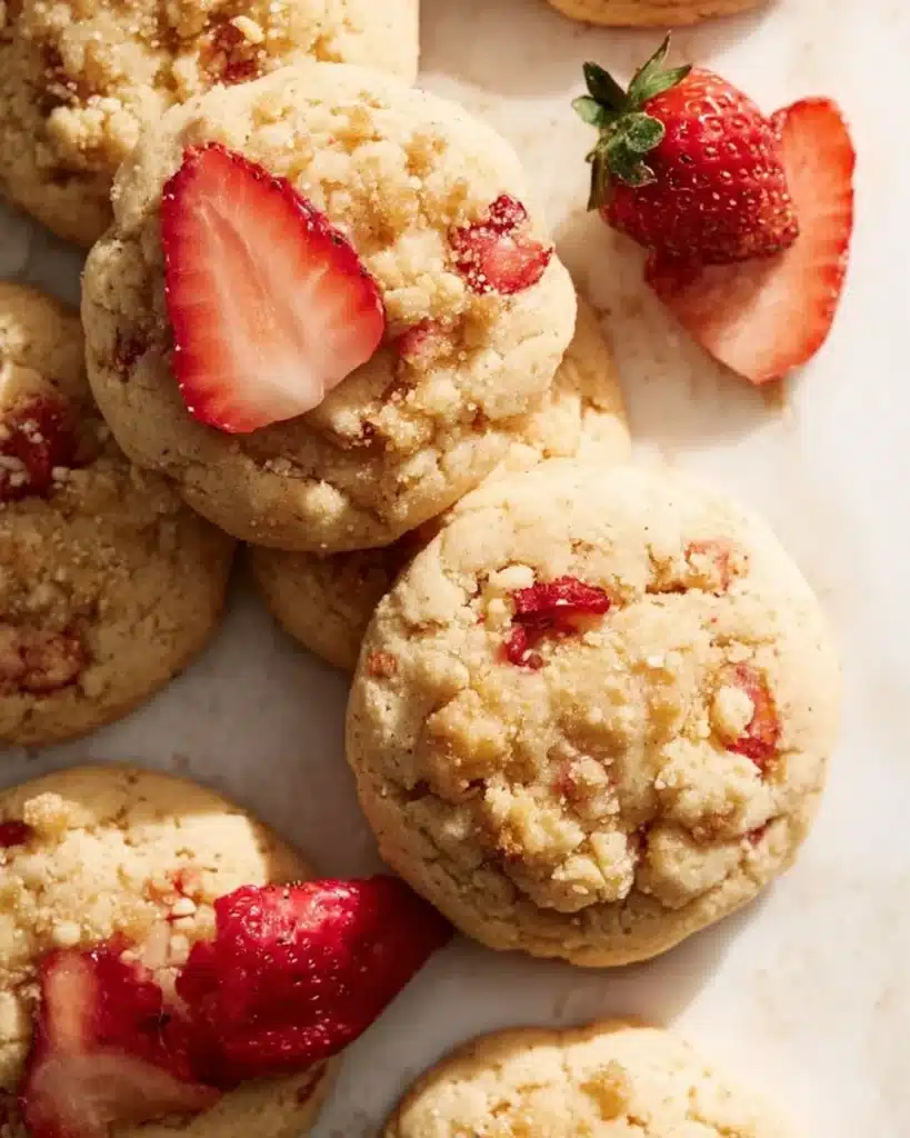 Delicious homemade strawberry shortcake cookies with fresh strawberries and whipped cream.