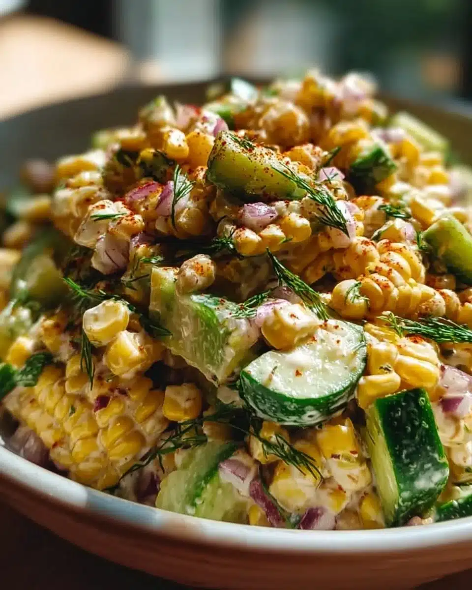 Delicious street corn and cucumber salad featuring vibrant ingredients.