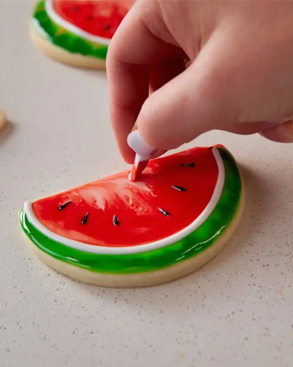 Delicious summery watermelon cookies decorated with vibrant colors.