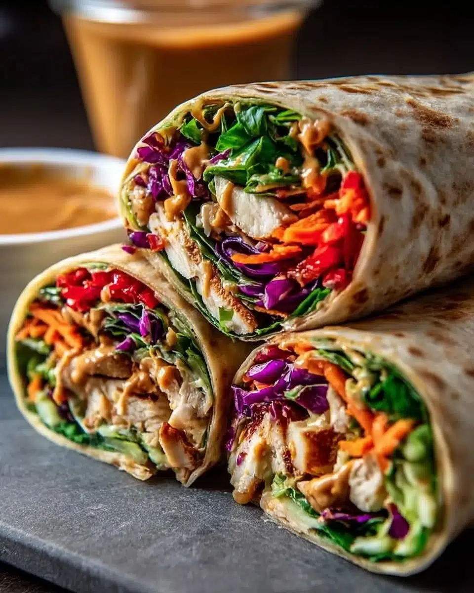 Thai Peanut Chicken Wraps with fresh vegetables and peanut sauce