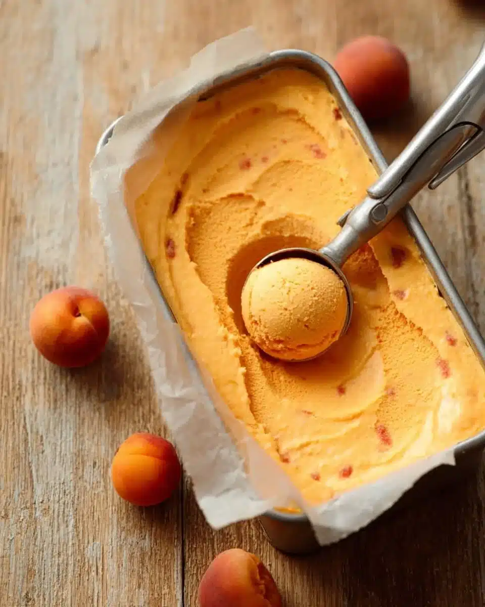 Dairy-free apricot ice cream served in a bowl, garnished with fresh apricots