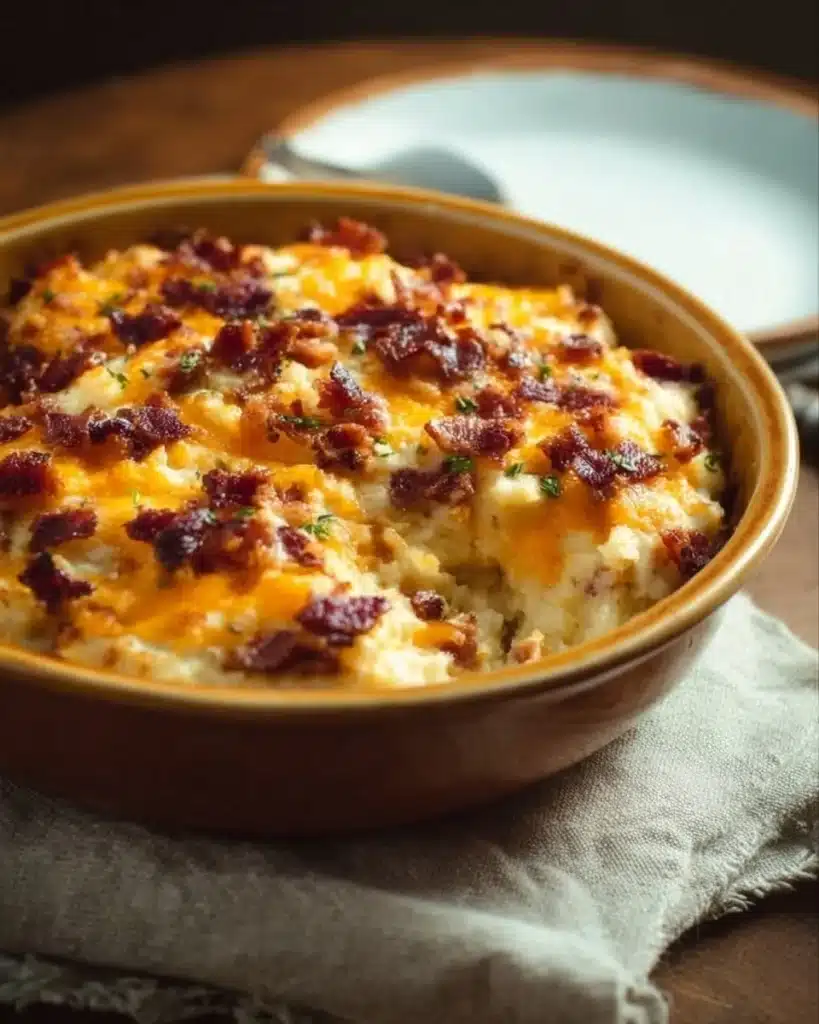 Creamy Twice Baked Potato Casserole topped with cheese and chives