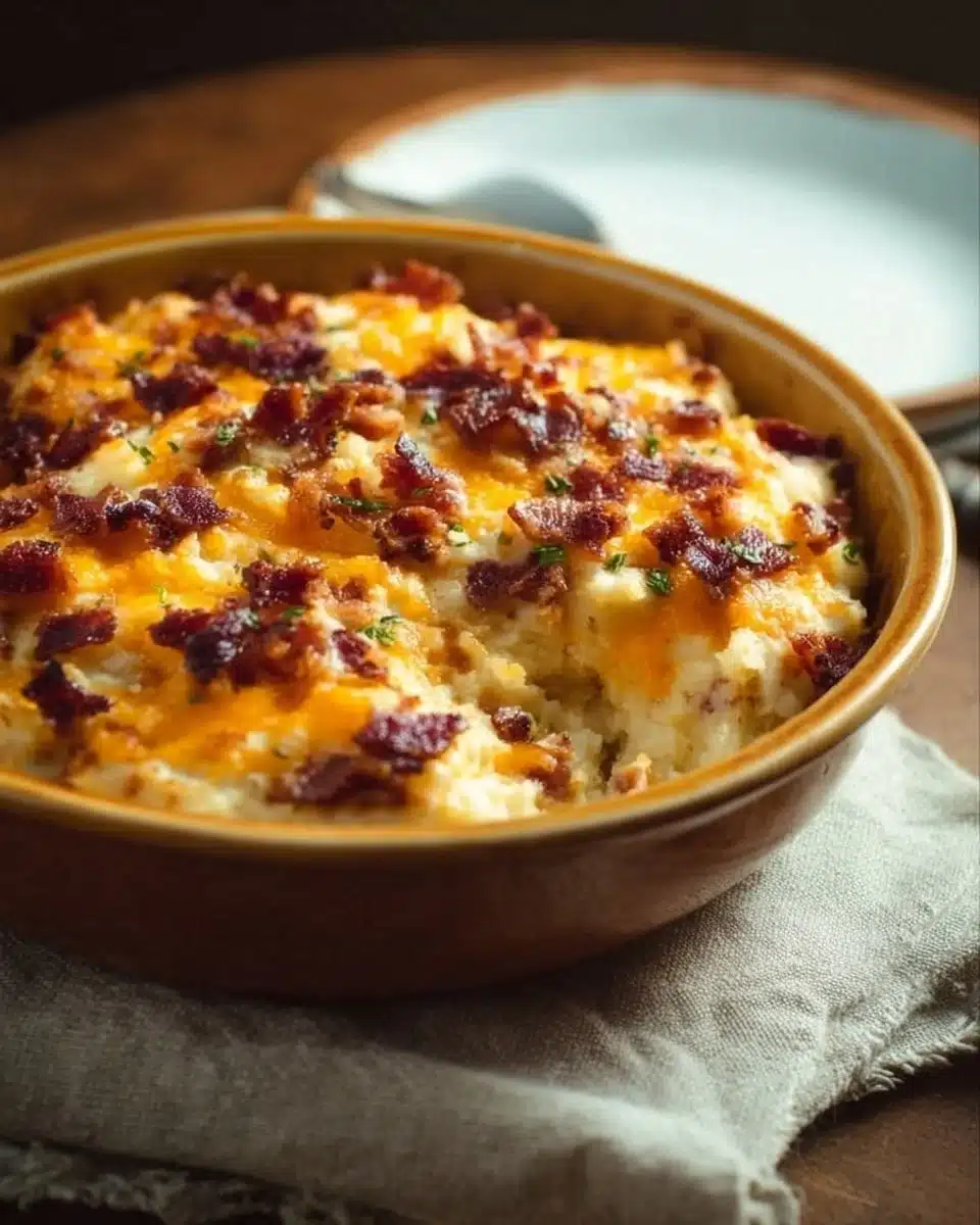 Creamy Twice Baked Potato Casserole topped with cheese and chives